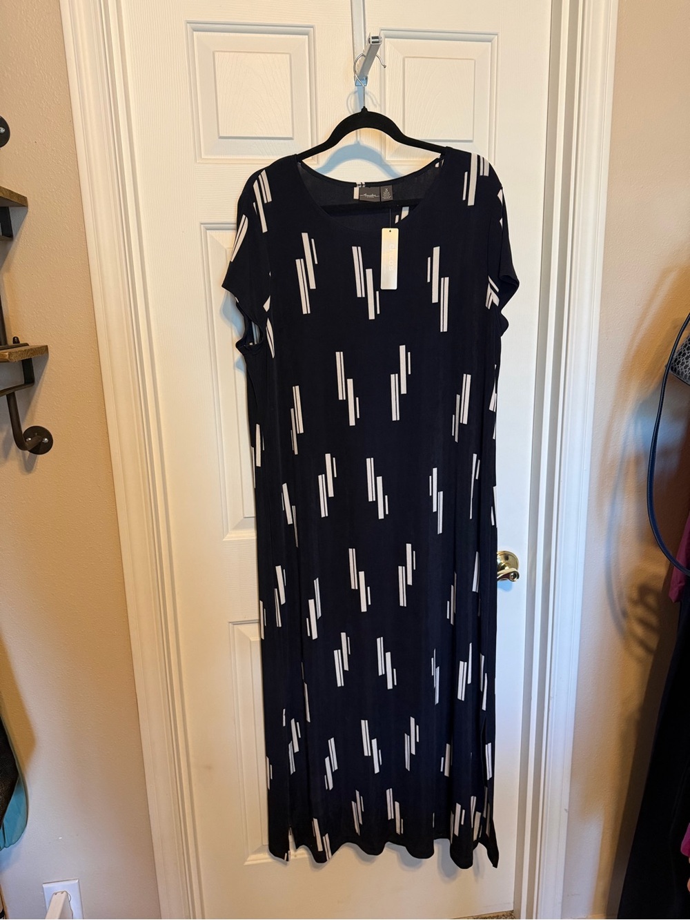 Chico's Travelers Navy Maxi Dress with White Geometric Stripes